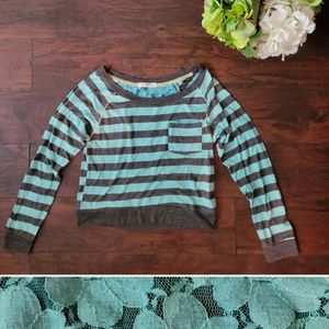 Rewind long sleeve crop top striped shirt, lace detail, Size Large